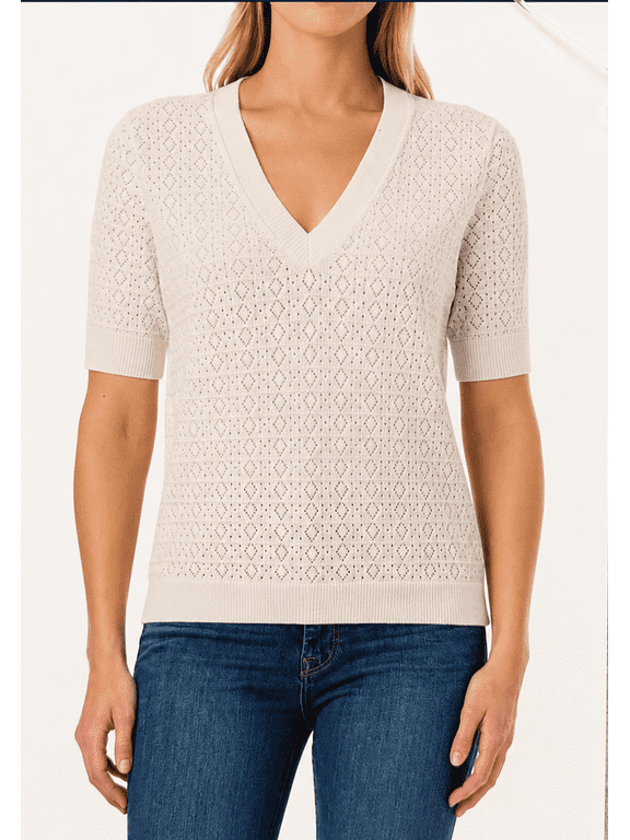 Womens, Short Sleeve V-Neck Knit Sweater Lightweight Pointelle Pullover - Color White, Size L