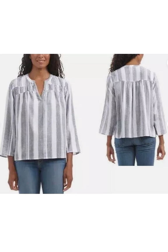 Women's V-Neck Relaxed Fit Lightweight Denim Blouse Top (White, S)