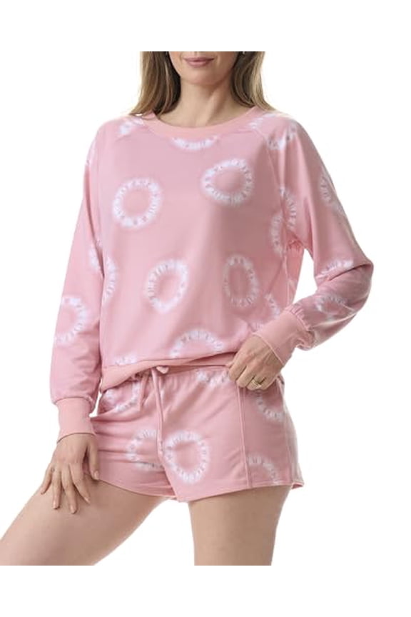 WOMENS 2PC CREWNECK SHORTY - CIRCLE TIE DYE BLEACHED MAUVE - M