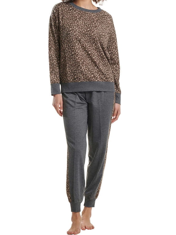 Womens Long Sleeve Crewneck Top And Jogger Pants 2 Pieces Pajama Set,Lively Leopard,Small