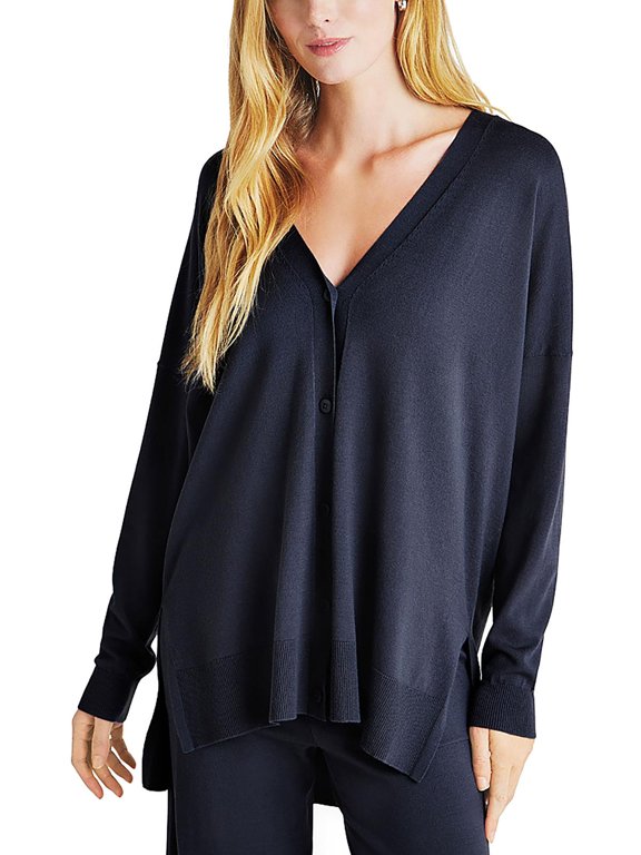 Ribbed Button U Tunic Top Women's L Navy Long Sleeve Button Closure