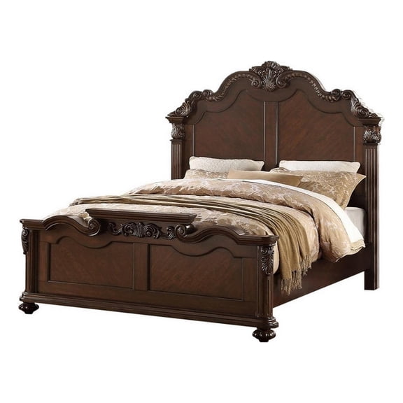 Splendidly Carved Queen Wooden Bed, Dark Walnut And Veneer Finish