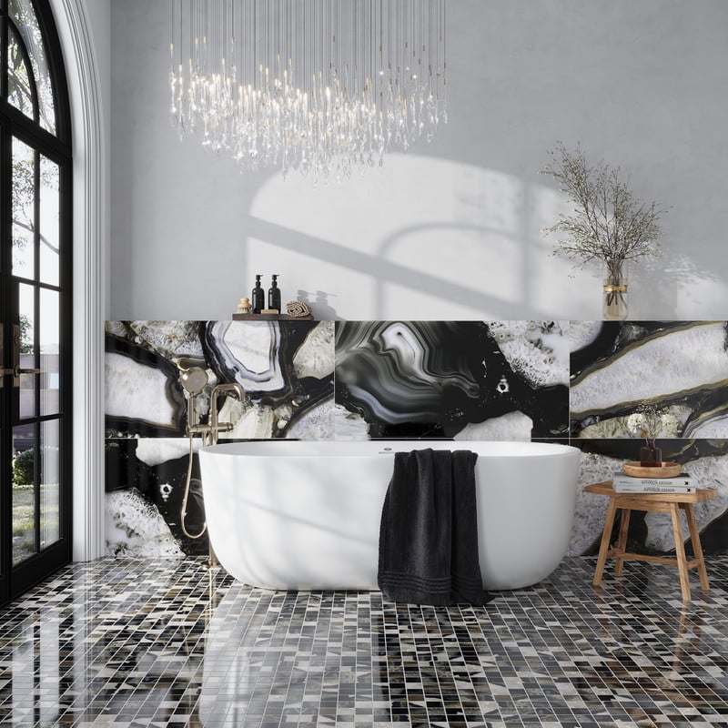 Splendor 12x12 Black Porcelain Mosaic Natural Agate Wall and Floor Tile (4.84 sq ft/case) - 5 Pack
