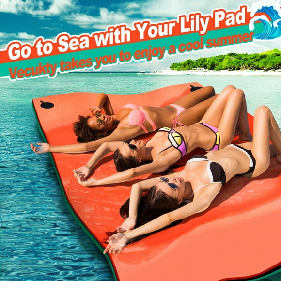 Vecukty Multi Person Floating Water Mat,8.5x 6 ft Lily Pad for Water Recreation,Tear Resistant XPE Foam for Beach, Ocean, Lake,Green&Orange