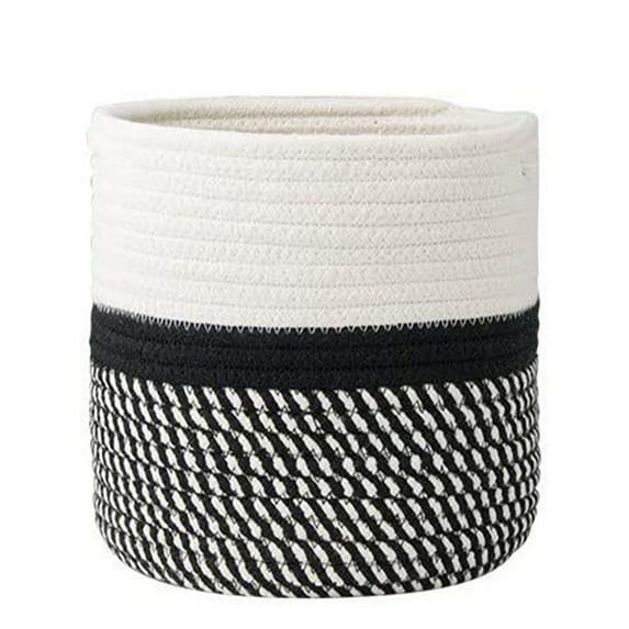 Spliced Cotton Rope Plant Basket Modern Woven Storage Basket for Floor Indoor Planter,Decorative Flower Pots Cover Laundry Bin with Handle Rustic Home Decor,White+Black
