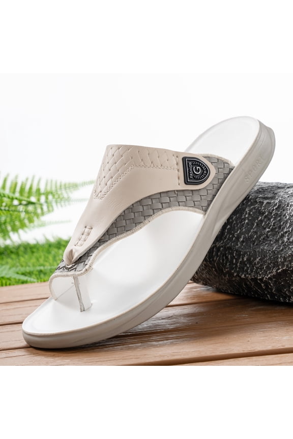 Spliced Woven Panel Logo Badge Thong Flip Flop Sandals
