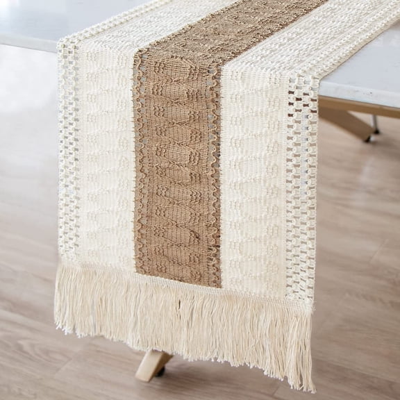 Splicing Burlap Table Runner Farmhouse Style, Boho Table Runner Modern Farmhouse Decor Rustic Woven Cotton Crochet Lace for Bohemian, Rustic, Wedding, Bridal Shower, Dinner, 108 inch
