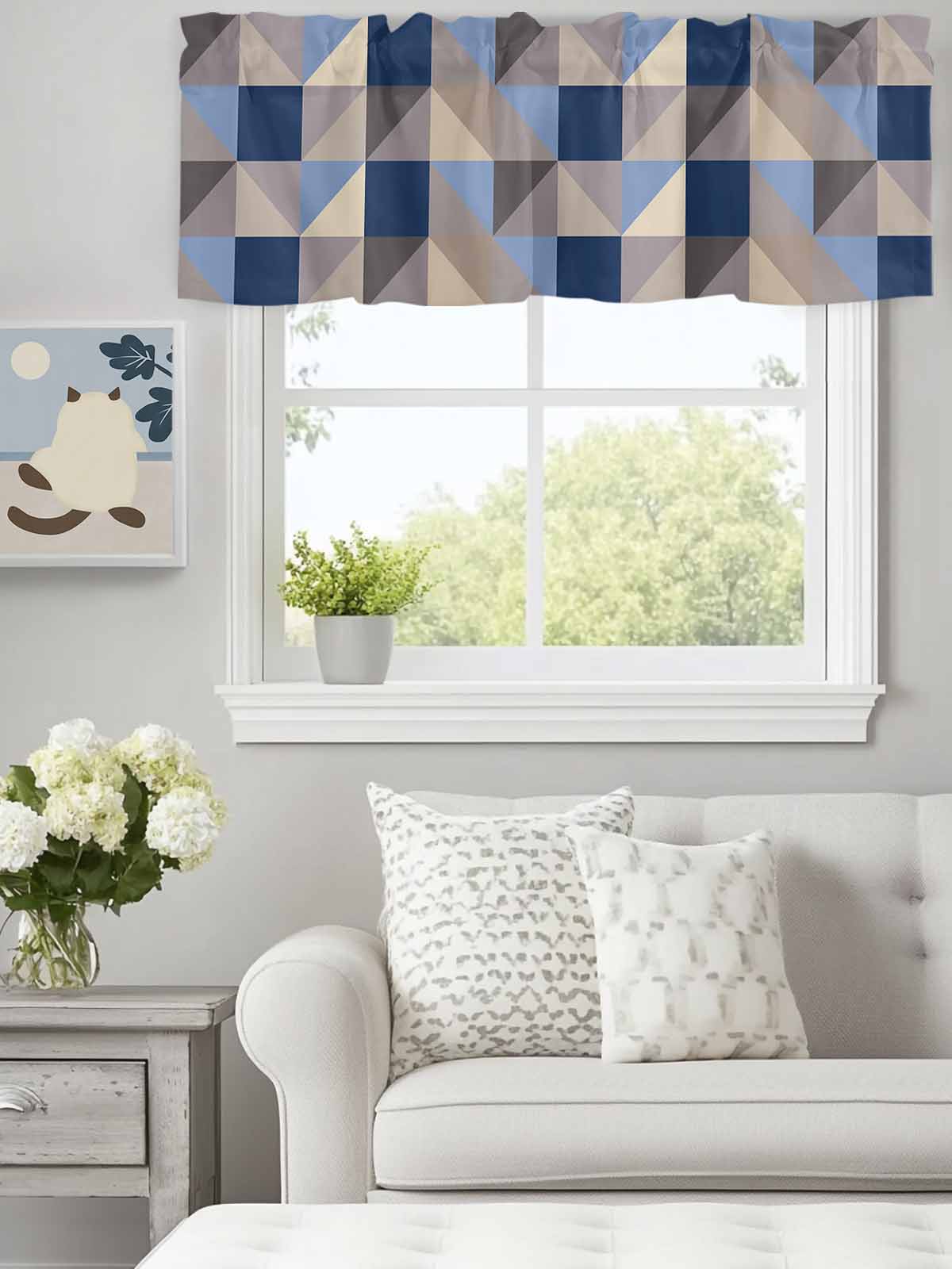 Window Square Valance Splicing Geometric Art Valances for Windows,Rod Pocket Valance for ...