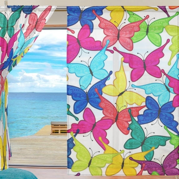 Splicing Pattern Colored Butterflies Semi Sheer Curtains Window Voile Drapes Panels Treatment-55X84in for Living Room Bedroom Kids Room