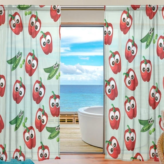 Splicing Pattern Green Peas Pods Red Pepper Semi Sheer Curtains Window Voile Drapes Panels Treatment-55X84in for Living Room Bedroom Kids Room