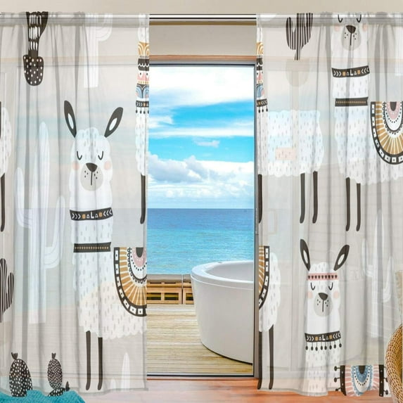 Splicing Pattern Llama Cactus Hand Drawn Elements Semi Sheer Curtains Window Voile Drapes Panels Treatment-55X84in for Living Room Bedroom Kids Room