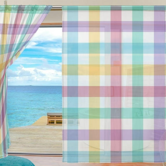 Splicing Pattern Multicolored Checkered Pattern Semi Sheer Curtains Window Voile Drapes Panels Treatment-55X78in for Living Room Bedroom Kids Room