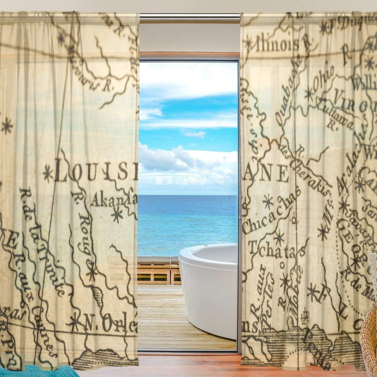 Splicing Pattern Old Map America New Orleans Semi Sheer Curtains, 78
