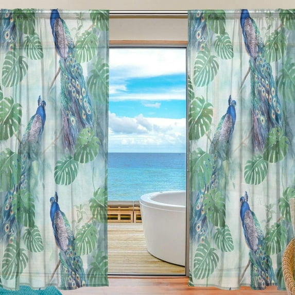 Splicing Pattern Watercolor Pattern Peacock Semi Sheer Curtains Window Voile Drapes Panels Treatment-55X78in for Living Room Bedroom Kids Room