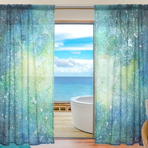 Splicing Pattern Watercolor Space Background Semi Sheer Curtains Window Voile Drapes Panels Treatment-55X78in for Living Room Bedroom Kids Room