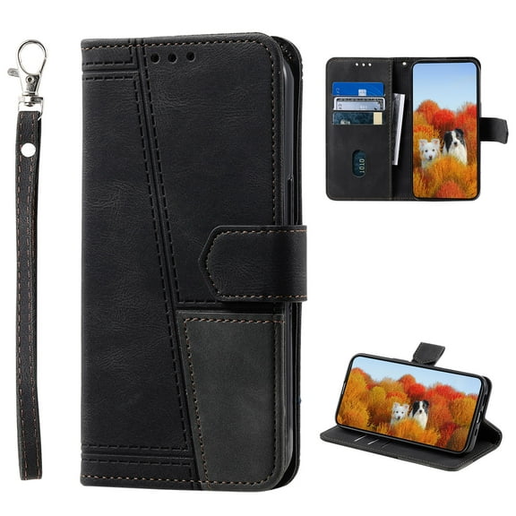 Splicing Wallet Case for Motorola Moto G Play 4G 2024, Wrist Strap Card Slots PU Leather Wallet Protection Case Magnetic Closure Stand Flip Case Cover for Motorola Moto G Play 4G 2024, Black