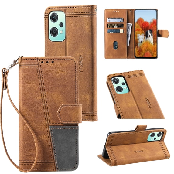 Splicing Wallet Case for OnePlus Nord CE 2 5G,Wrist Strap Card Slots PU Leather Wallet Protection Case Magnetic Closure Stand Flip Case Cover for OnePlus Nord CE 2 5G,Brown