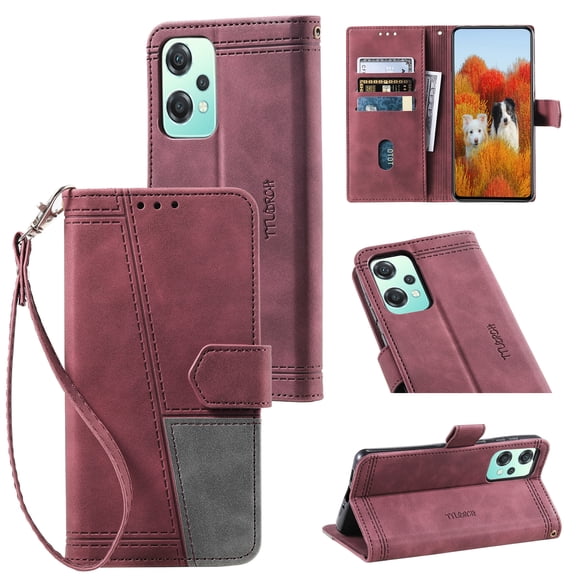 Splicing Wallet Case for OnePlus Nord CE 2 5G,Wrist Strap Card Slots PU Leather Wallet Protection Case Magnetic Closure Stand Flip Case Cover for OnePlus Nord CE 2 5G,Winered