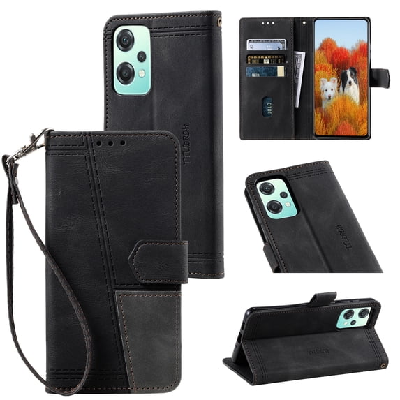 Splicing Wallet Case for OnePlus Nord CE 2 5G,Wrist Strap Card Slots PU Leather Wallet Protection Case Magnetic Closure Stand Flip Case Cover for OnePlus Nord CE 2 5G,Black