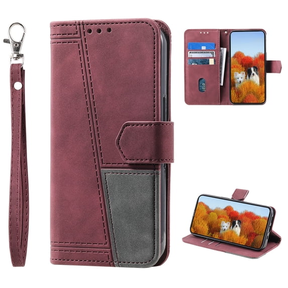 Splicing Wallet Case for Samsung Galaxy A13 5G, Wrist Strap Card Slots PU Leather Wallet Protection Case Magnetic Closure Stand Flip Case Cover for Samsung Galaxy A13 5G, Winered