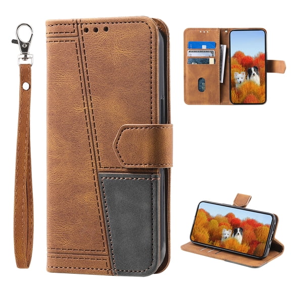 Splicing Wallet Case for Samsung Galaxy A17 5G, Wrist Strap Card Slots PU Leather Wallet Protection Case Magnetic Closure Stand Flip Case Cover for Samsung Galaxy A17 5G, Brown