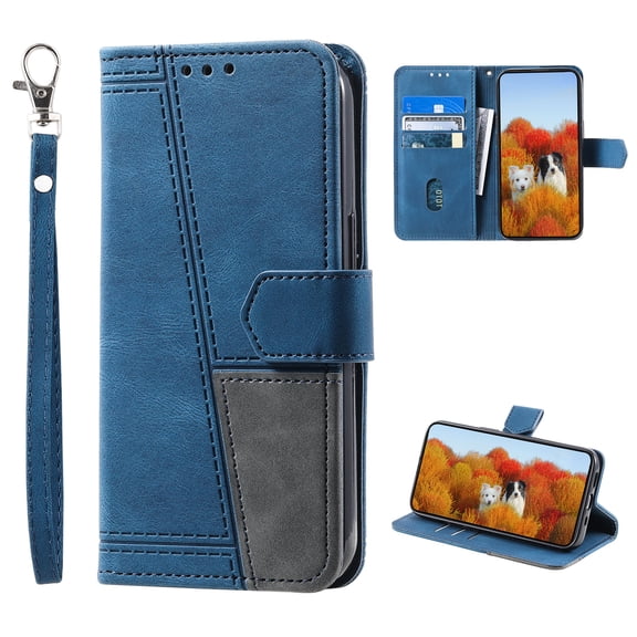 Splicing Wallet Case for Samsung Galaxy A22 5G, Wrist Strap Card Slots PU Leather Wallet Protection Case Magnetic Closure Stand Flip Case Cover for Samsung Galaxy A22 5G, Blue