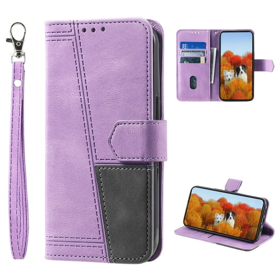 Splicing Wallet Case for Samsung Galaxy A35, Wrist Strap Card Slots PU Leather Wallet Protection Case Magnetic Closure Stand Flip Case Cover for Samsung Galaxy A35, Purple