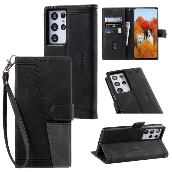 Splicing Wallet Case for Samsung Galaxy S21 Ultra, Wrist Strap Card Slots PU Leather Wallet Protection Case Magnetic Closure Stand Flip Case Cover for Samsung Galaxy S21 Ultra, Black