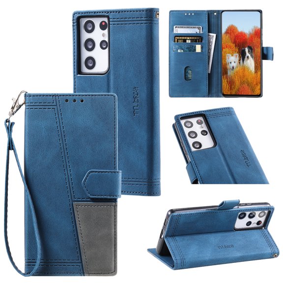 Splicing Wallet Case for Samsung Galaxy S21 Ultra, Wrist Strap Card Slots PU Leather Wallet Protection Case Magnetic Closure Stand Flip Case Cover for Samsung Galaxy S21 Ultra, Blue