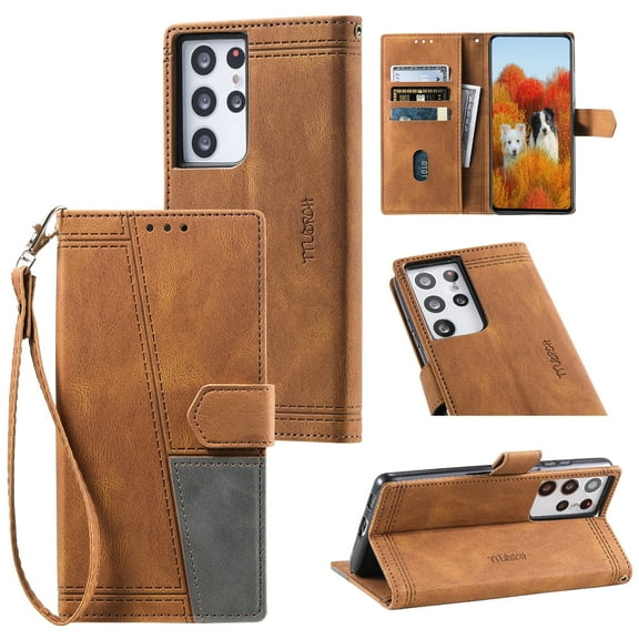Splicing Wallet Case for Samsung Galaxy S21 Ultra, Wrist Strap Card Slots PU Leather Wallet Protection Case Magnetic Closure Stand Flip Case Cover for Samsung Galaxy S21 Ultra, Brown