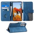 thumbnail image 1 of Splicing Wallet Case for Samsung Galaxy S21, Wrist Strap Card Slots PU Leather Wallet Protection Case Magnetic Closure Stand Flip Case Cover for Samsung Galaxy S21, Blue, 1 of 6