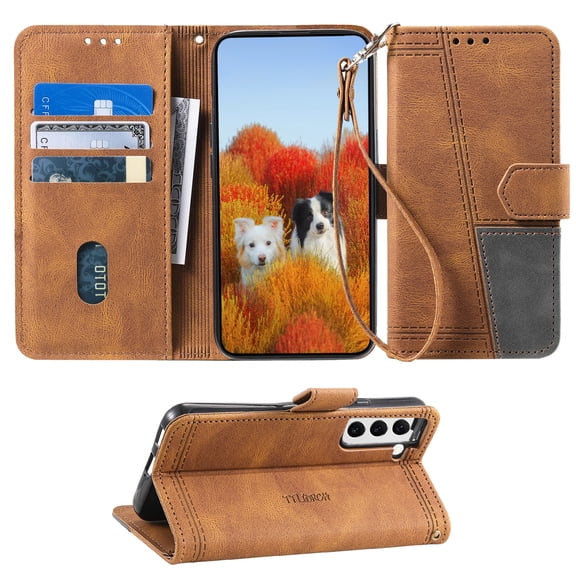 Splicing Wallet Case for Samsung Galaxy S21, Wrist Strap Card Slots PU Leather Wallet Protection Case Magnetic Closure Stand Flip Case Cover for Samsung Galaxy S21, Brown