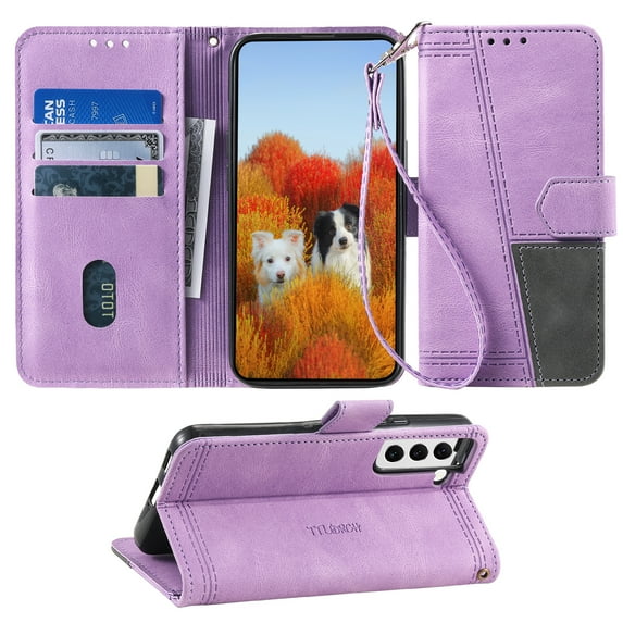 Splicing Wallet Case for Samsung Galaxy S21, Wrist Strap Card Slots PU Leather Wallet Protection Case Magnetic Closure Stand Flip Case Cover for Samsung Galaxy S21, Purple