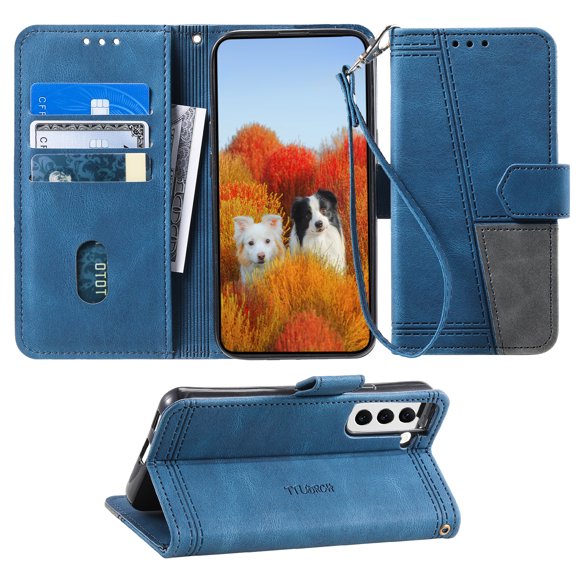 Splicing Wallet Case for Samsung Galaxy S22 Plus, Wrist Strap Card Slots PU Leather Wallet Protection Case Magnetic Closure Stand Flip Case Cover for Samsung Galaxy S22 Plus, Blue