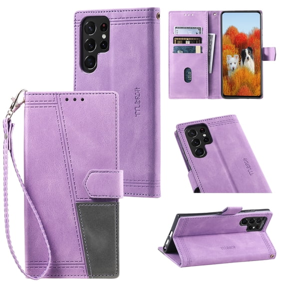 Splicing Wallet Case for Samsung Galaxy S22 Ultra,Wrist Strap Card Slots PU Leather Wallet Protection Case Magnetic Closure Stand Flip Case Cover for Samsung Galaxy S22 Ultra,Purple