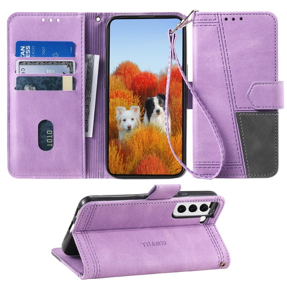 Splicing Wallet Case for Samsung Galaxy S22, Wrist Strap Card Slots PU Leather Wallet Protection Case Magnetic Closure Stand Flip Case Cover for Samsung Galaxy S22, Purple