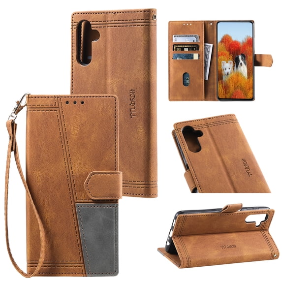 Splicing Wallet Case for Samsung Galaxy S24 Plus, Wrist Strap Card Slots PU Leather Wallet Protection Case Magnetic Closure Stand Flip Case Cover for Samsung Galaxy S24 Plus, Brown
