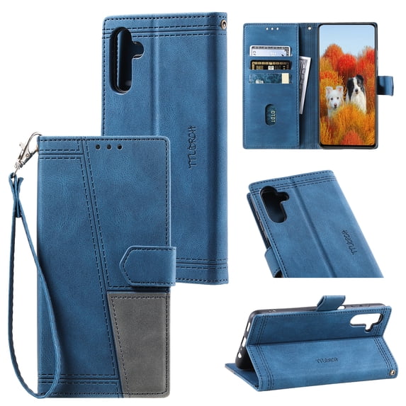 Splicing Wallet Case for Samsung Galaxy S24 Plus, Wrist Strap Card Slots PU Leather Wallet Protection Case Magnetic Closure Stand Flip Case Cover for Samsung Galaxy S24 Plus, Blue