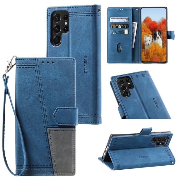 Splicing Wallet Case for Samsung Galaxy S24 Ultra,Wrist Strap Card Slots PU Leather Wallet Protection Case Magnetic Closure Stand Flip Case Cover for Samsung Galaxy S24 Ultra,Blue