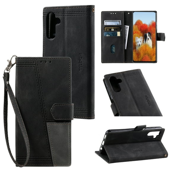 Splicing Wallet Case for Samsung Galaxy S24, Wrist Strap Card Slots PU Leather Wallet Protection Case Magnetic Closure Stand Flip Case Cover for Samsung Galaxy S24, Black