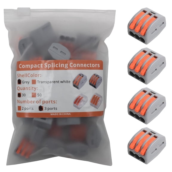 Splicing Wire Connectors 3 Conductor for Quick Connect, 28-12AWG Lever Wire Connectors in Gray with Orange Handle, Electric Wire Connector with Gray Shell and Orange Handle,Pack of 30