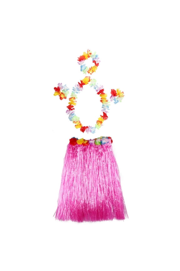 5Pcs Hawaiian Fancy Dress Hula Costume Grass Skirt Flower Garland Bra Aloha Set Pink