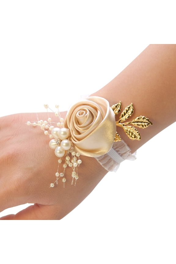 Flower Wrist Corsage Pearl Bead Bracelet Wedding Prom Party Bridesmaids Decor champagne