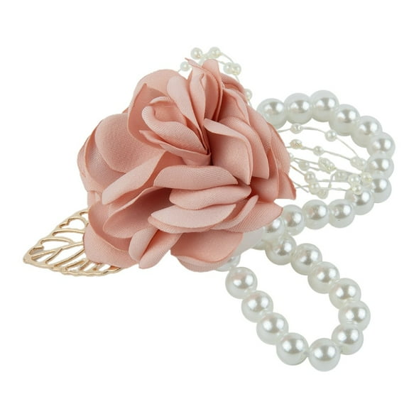Splihome Flower Wrist Corsage Pearl Bead Bracelet Wedding Prom Party Bridesmaids Decor pink
