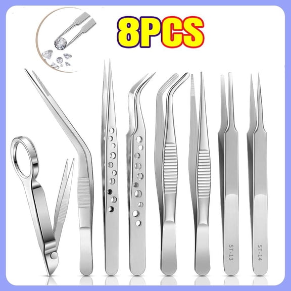 Splinter Forceps - Fine Point - Tweezers Stainless Steel Straight & Curved (Set of 8 Pcs W Magnifying Glass)