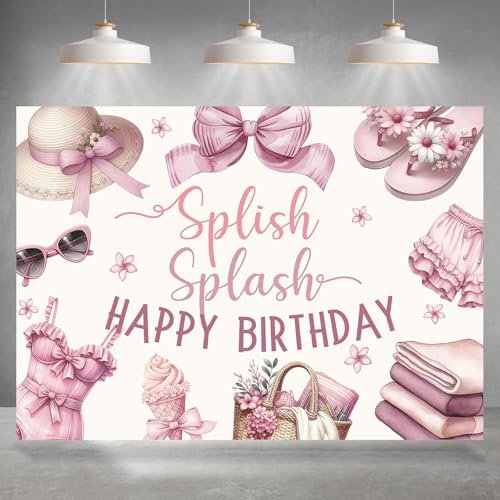 Splish Splash Happy Birthday Backdrop for Girls Summer Beach Blush Pink Background for Photography Girl Birthday Party Decorations Favors Cake Table Banner Photo Booth Props