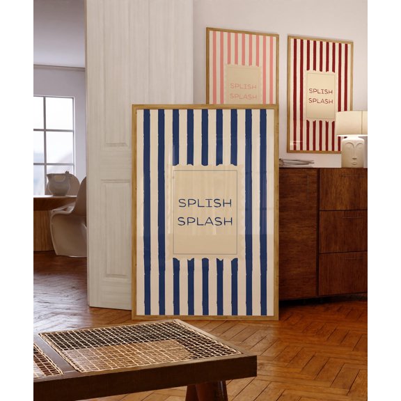 Splish Splash Navy Striped Toilet Humor Restroom Decor, Preppy Retro Modern Minimalist Bathroom Wall Art Print