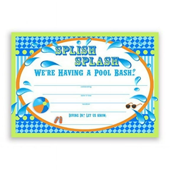 Splish Splash Pool Party Invitations Lime - 10 Invitations 10 Envelopes