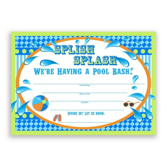 Splish Splash Pool Party LARGE Invitations Lime - 10 Invitations 10 Envelopes