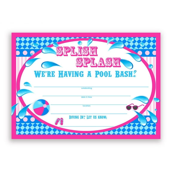 Splish Splash Pool Party LARGE Invitations Pink - 10 Invitations 10 Envelopes